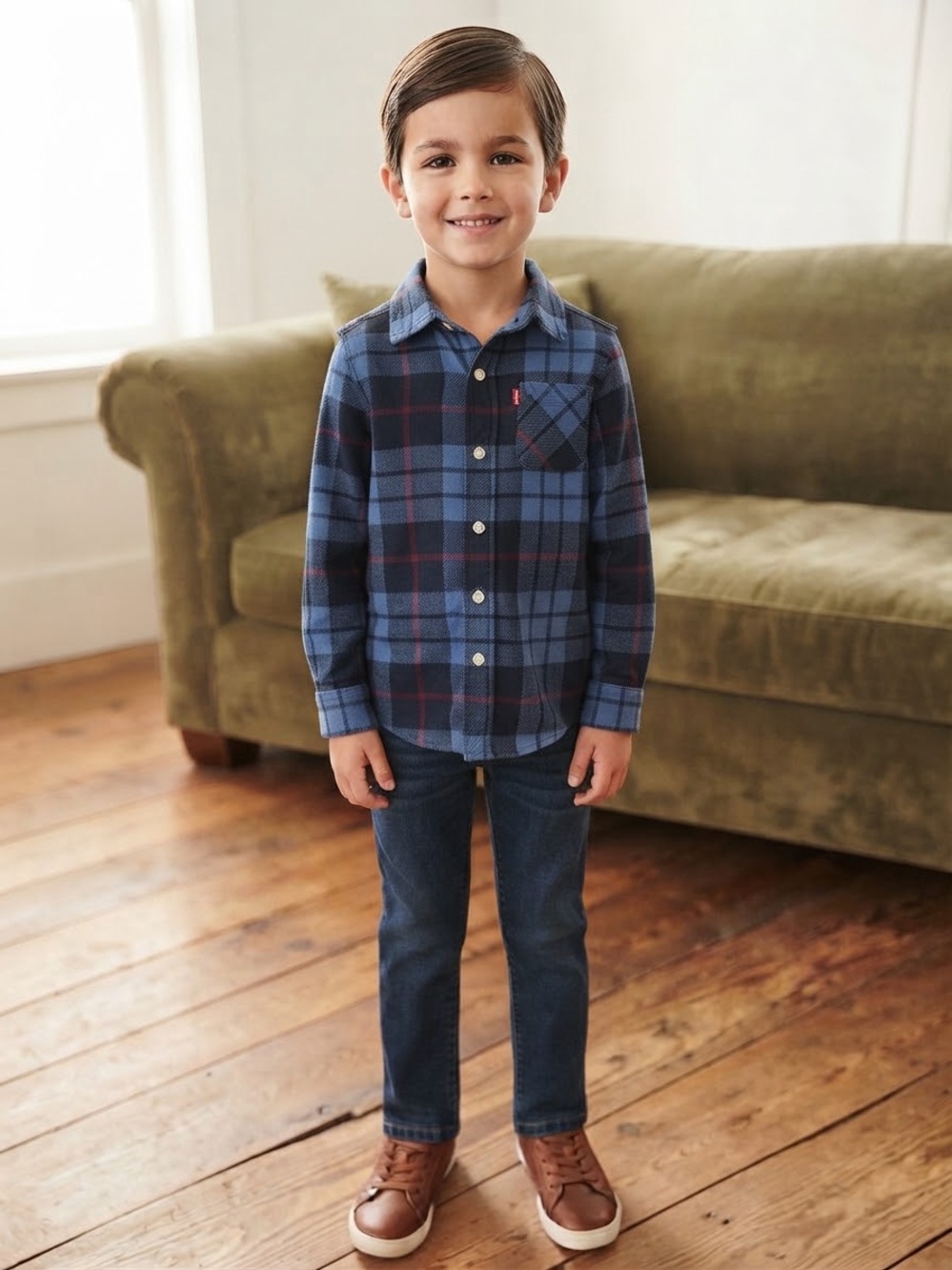 Levi's Blue & Navy Plaid Button-Down Shirt with Red Accents